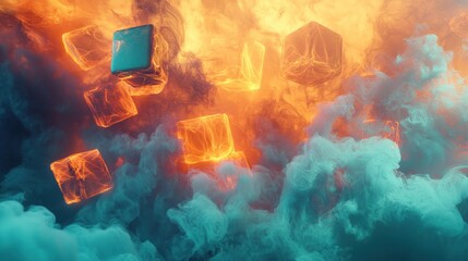 Fototapeta premium Abstract Digital Art: Cubes in Vibrant Smoke