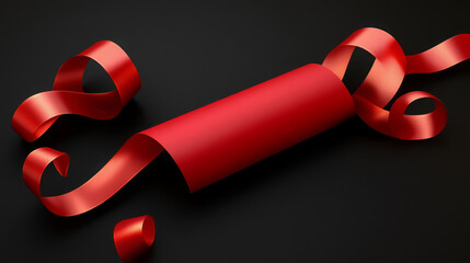 vibrant red ribbon and rolled piece of red paper create festive atmosphere, perfect for celebrations and gift wrapping. elegant curves and smooth texture add touch of sophistication