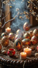 Ornate easter eggs and lit candles on rustic display with blossom branches