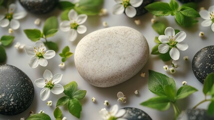 Minimalist arrangement of stones and flowers creating a serene natural setting