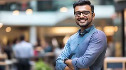 Fototapeta premium Portrait of a Confident Young Man Smiling in a Modern Urban Setting