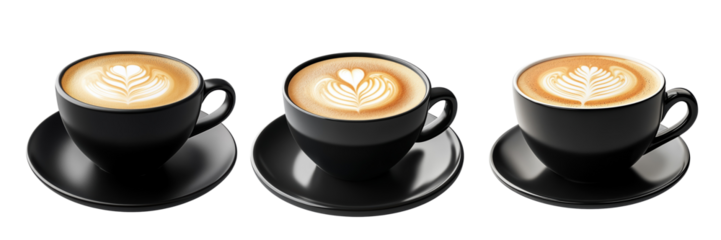 A Set of Flat White Coffee in a Sleek Black Cup with Microfoam Art Design Isolated on transparent Background