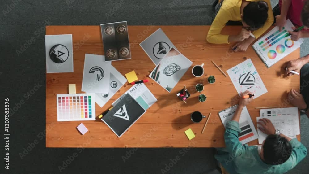 Poster top view of manager writing idea on sticky notes and explain idea about web design. professional mar