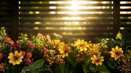 Vibrant Flower Bed Illuminated by Sunset Through Wooden Slats
