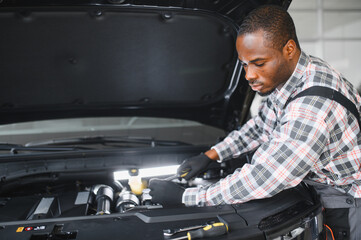 Auto mechanic performing a routine service inspection in a service garage