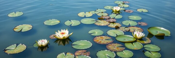 calm and clear waters with water lily pads, relaxing atmosphere, serenity, lake