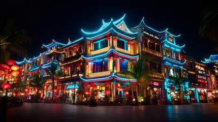 Obraz premium Night Scene Illuminated Asian Architecture Street