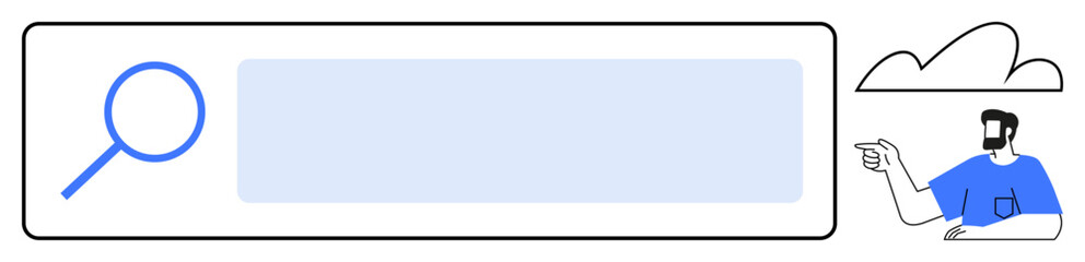 Magnifying glass, search bar, cloud, and man pointing represent finding information and cloud storage. Ideal for technology, internet, search, cloud computing, data storage online research