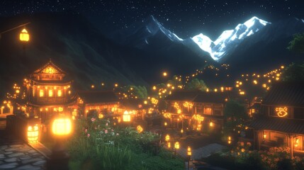Obraz premium Night Scene Illuminated Village Mountainous Landscape