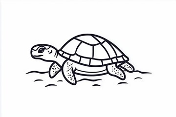 Outline of a turtle walking on a beach with a small shell.