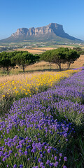 Obraz premium A scenic view of purple lavender fields in the foreground, with Table Mountain in the background under a clear blue sky.