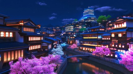 Obraz premium Night Scene of Illuminated Asian Town with River and Blossoms