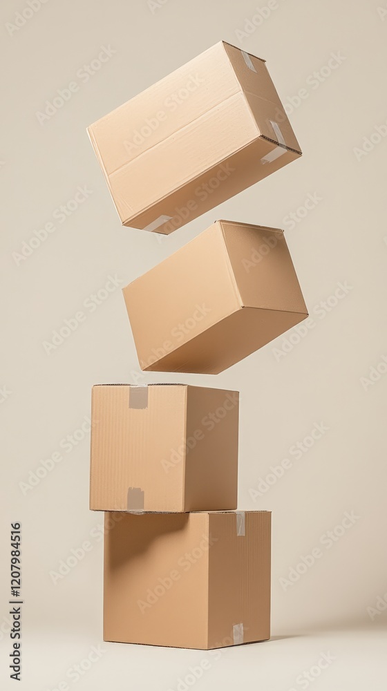 Aufkleber Minimalist still life of cardboard boxes levitating and balancing on each other, creating a precarious and surreal scene against a neutral beige background