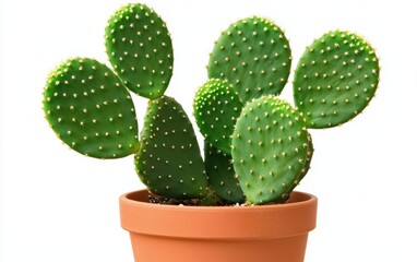 A potted cactus with small spines and a terracotta pot sitting upright on a solid white background, single object