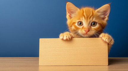 Adorable orange kitten with big eyes peeking over wooden sign, showcasing curiosity and playfulness. vibrant blue background enhances kitten charm