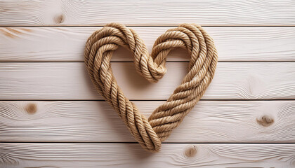Obraz premium Heart Shaped Rope on White Wooden Background