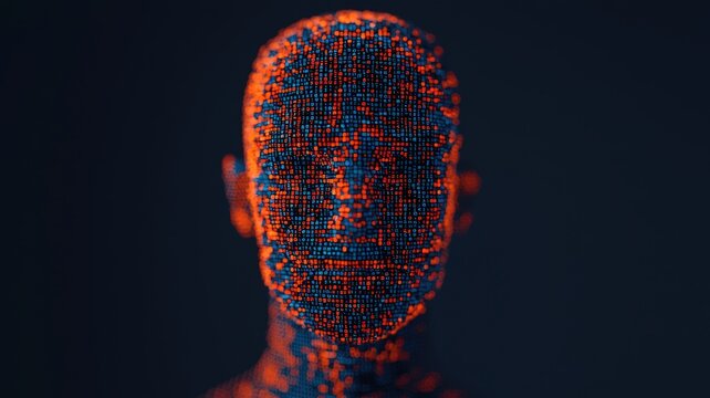 AI Strategy Planning concept. Abstract representation of a human face made from colorful data patterns on a dark background.