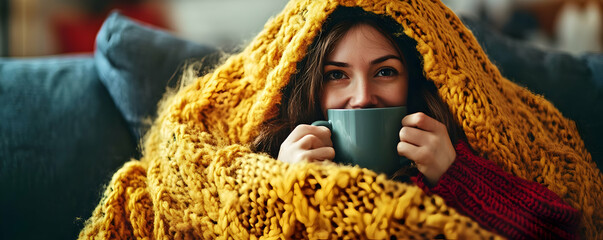 Fototapeta na wymiar Cozy woman drinks tea, sofa, blanket, home