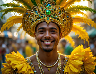 Close-up retrato cara hombre sonriendo en carnavales con un disfraz amarillo y un gorro dorado con pedrer&iacute;a plumas verdes y amarillas