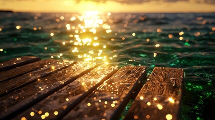 Sunlight Reflecting on Water with Wooden Pier in the Foreground
