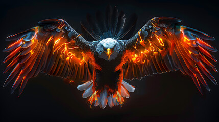 Phoenix in motion, glowing metallic, with wings that glow