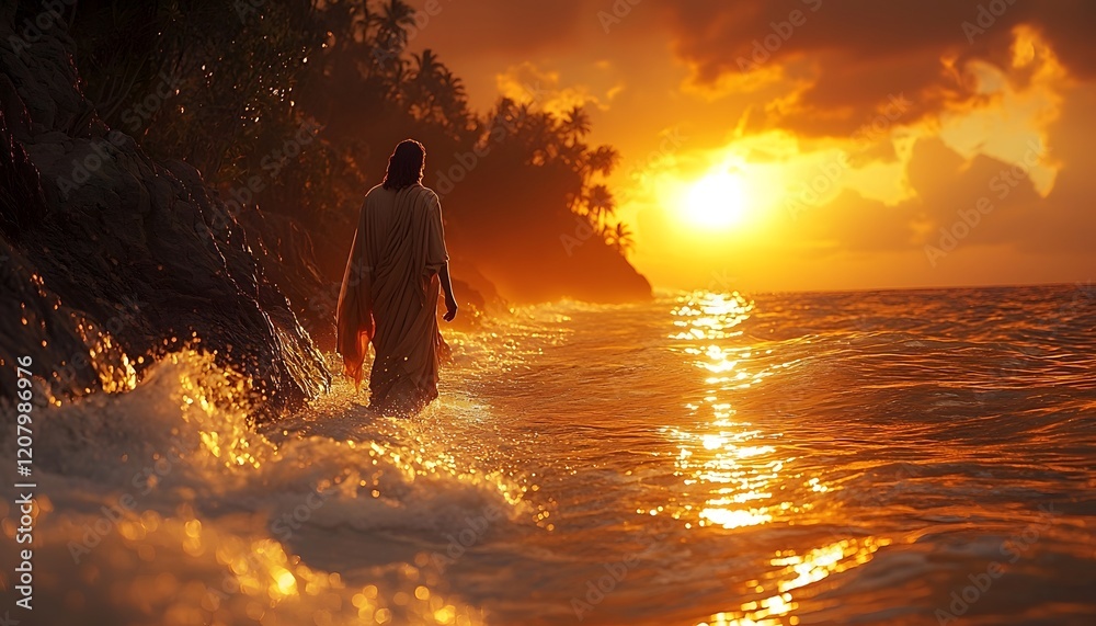 Poster serene silhouette of a person walking along the shore at sunset with a warm golden glow and gentle w