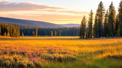 Obraz premium A serene landscape at sunset, featuring a meadow with wildflowers and tall trees.