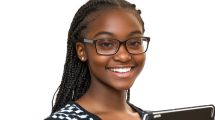 a beautiful young woman wearing glasses holding a tablet computer PNG image, PNG file, Generative art.