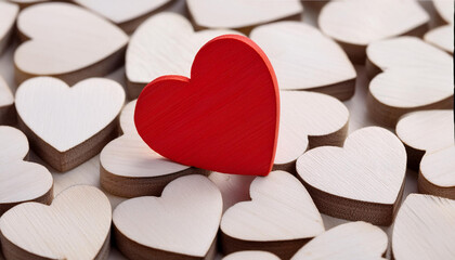 Obraz premium Single Red Wooden Heart Standing Out Among White Hearts