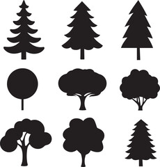 Set of back silhouette line Christmas trees vintage graphic vector