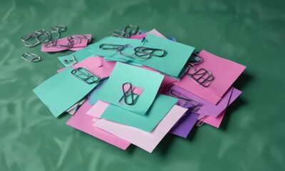 Blue pink purple papers connected by multiple paper clips on a green background, organizer, blue, organization