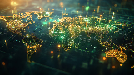 map world animated connections and data streams global business infrastructure technology abstract background with lights, lights illuminates a detailed map of the world with technology concept.