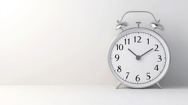 classic silver alarm clock displaying time on minimalist background, symbolizing passage of time and importance of punctuality