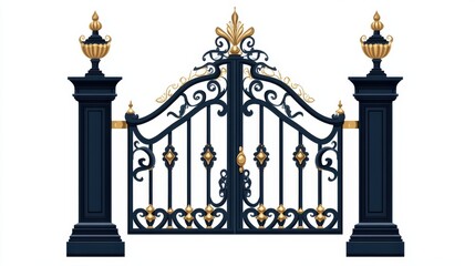 Elegant Ornate Black Gate With Gold Accents And Pillars