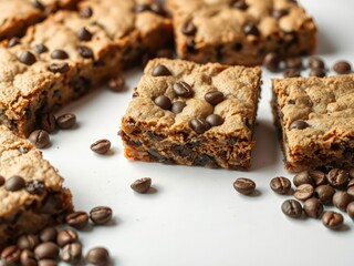 Blondie with chocolate chips and coffee beans scattered around, food styling, pastry, coffee