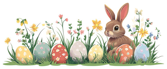PNG Easter eggs and rabbit on green grass and flowers border easter bunny cute.