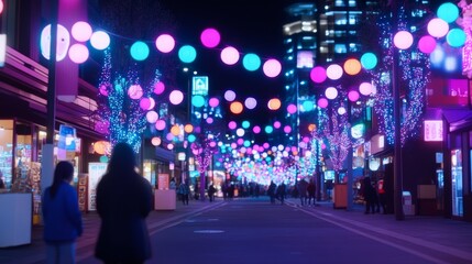 Night Street Scene with Colorful Festive Lights
