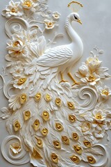 Obraz premium Elegant white peacock relief art floral decoration indoor decor contemporary style close-up view