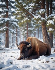 Bison resting under snow-covered pine tree with camouflage effect, camouflage, tree