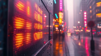 Obraz premium Rainy city street at night, LED display showing data, blurred background
