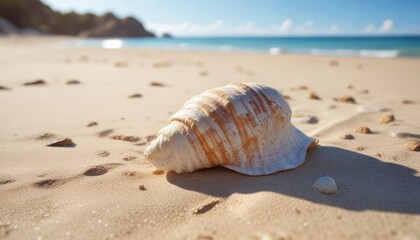 Big empty seashell lying in the warm soft sand of a beautiful seaside location with clear blue waters, empty seashell, ocean view, shells