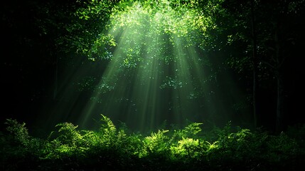 Fototapeta premium Sunlight Beam Through Green Leaves in Lush Forest Environment