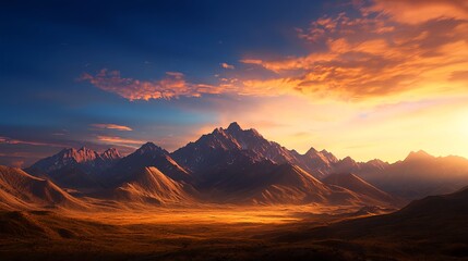 Obraz premium Majestic Mountain Range Under Dramatic Sunset Sky Over Valley