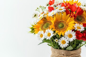 Vibrant Bouquet of Sunflowers and Daisies in Rustic Jute Bag