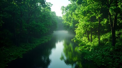 Fototapeta premium Serene Green Forest Landscape with Calm Water Reflection