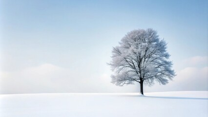 Serene Winter Landscape A solitary frost-covered tree stands in a vast, snow-covered field under a pale blue sky