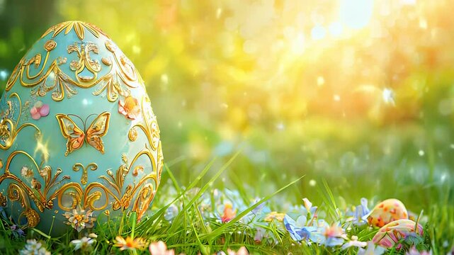 Enchanted Easter Egg with Floral Patterns and Glowing Light Amidst Spring Blossom. Easter concept