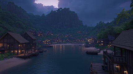 Fototapeta premium Nightfall Serenity Coastal Village at Dusk