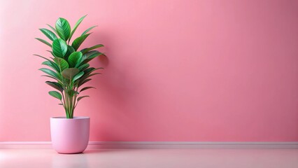 Pink wall background with a leafy green plant in a pink pot