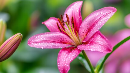 Fototapeta premium A close-up of a pink lily flower adorned with raindrops, showcasing its vibrant beauty.